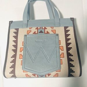 Wrangler Pale Blue Aztec Canvas Tote with Front Pocket